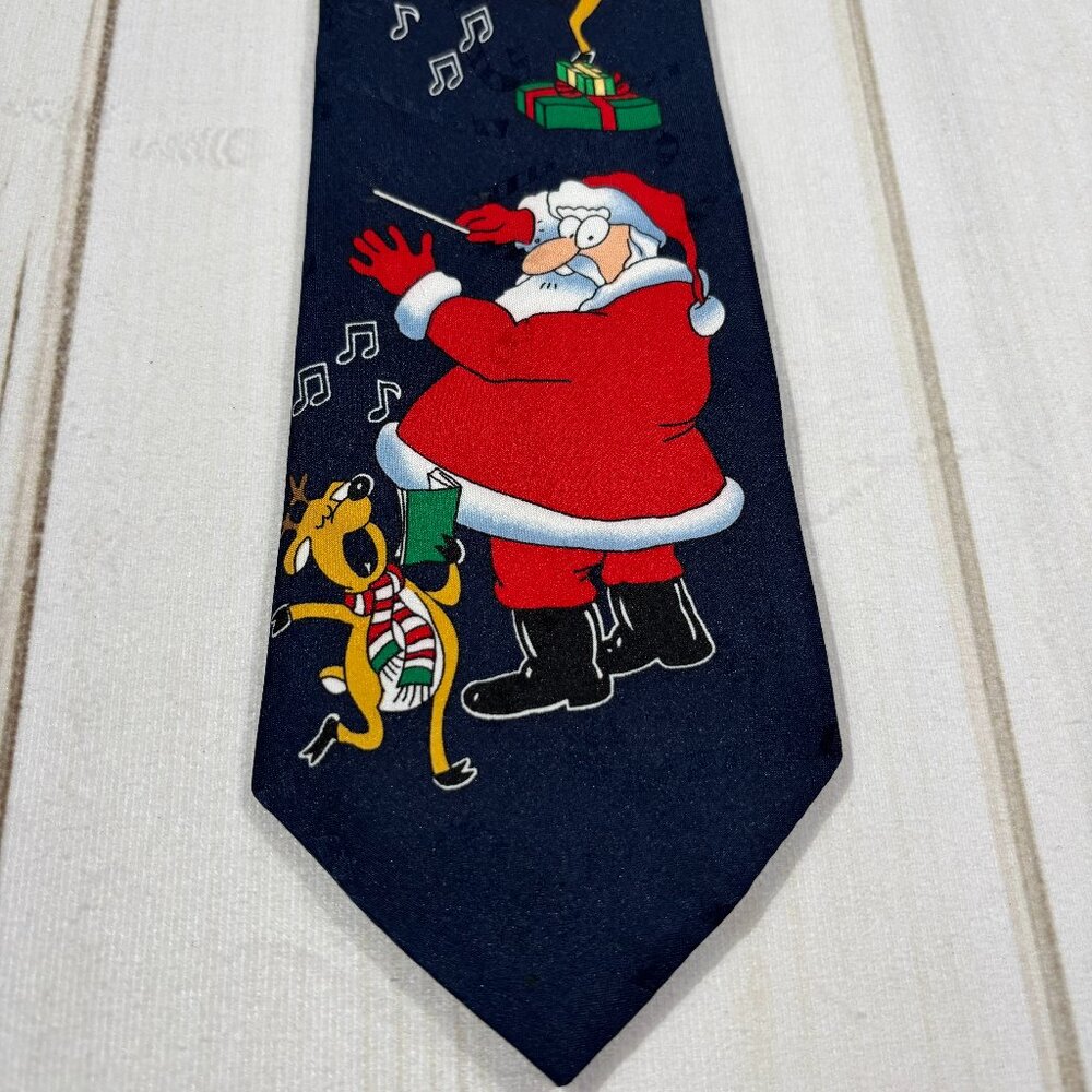 Vintage Hallmark Christmas Necktie Santa Conductor Chorus Reindeer Music Silk